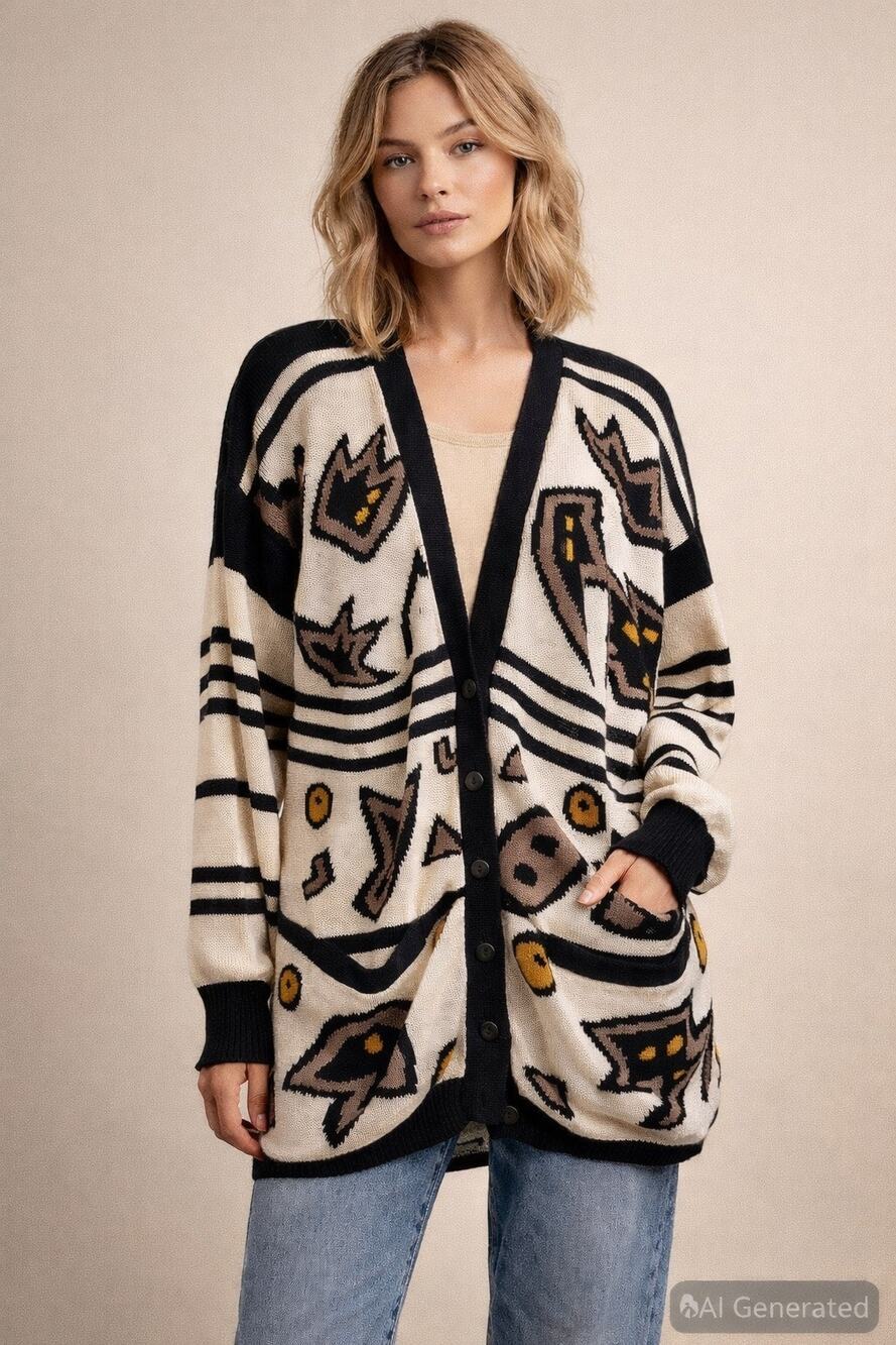 Joye & Fun Womens Cardigan 80's 90s Graphic Knit Novelty Med